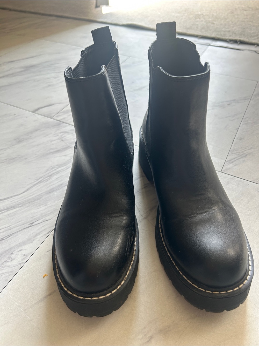 Madden Girl Black Leather Chelsea Lug Ankle Boots